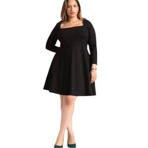 Eloquii Black Square Neck Long Sleeve Fit And Flare Cocktail Dress